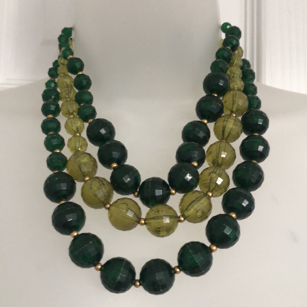 Eye catching Mid-Century Three Strand Necklace, Large Faceted Beads. Green. VTG